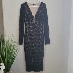 Va Va Voom Women's Black Long Sleeve Lace Dress with Beige Lining - Size L